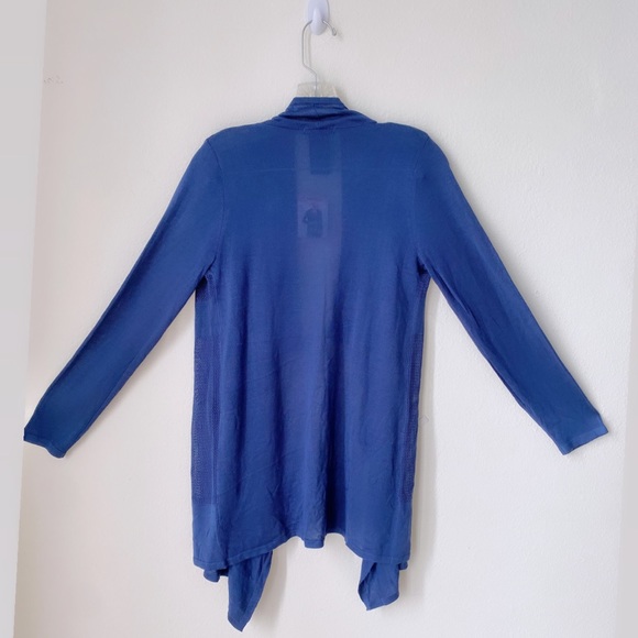 Premise Navy Long Sleeve Open Front Drape Knit Cardigan w/ Pointelle Details - Picture 4 of 5